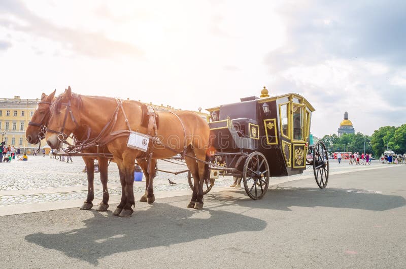 Los caballos con un carro en el palacio ajustan Rusia, St Petersburg 17 de agosto de 2017 imagen de archivo Los caballos con un carro en el palacio ajustan Rusia, St Petersburg 17 de agosto de 2017 imagen de archivo