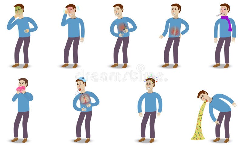 Sick characters set of people with pain and diseases isolated vector illustration. Sick characters set of people with pain and diseases isolated vector illustration.