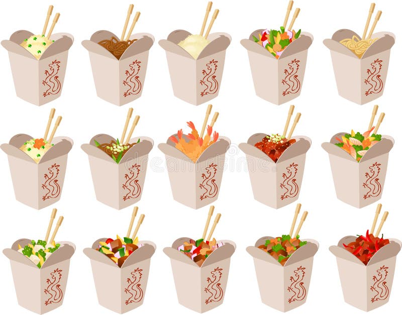 Vector illustration of various chinese take out boxes with different kinds of chinese food. Vector illustration of various chinese take out boxes with different kinds of chinese food.