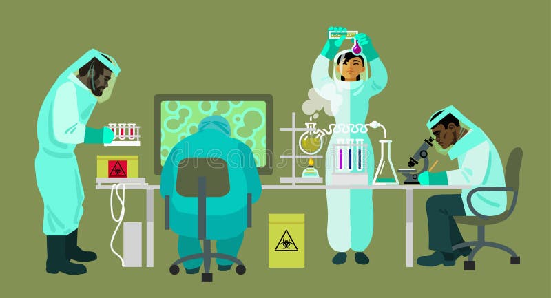 Los científicos en trajes protectores están trabajando con las bio sustancias peligrosas Los virólogos están realizando la invest libre illustration Los científicos en trajes protectores están trabajando con las bio sustancias peligrosas Los virólogos están realizando la invest libre illustration