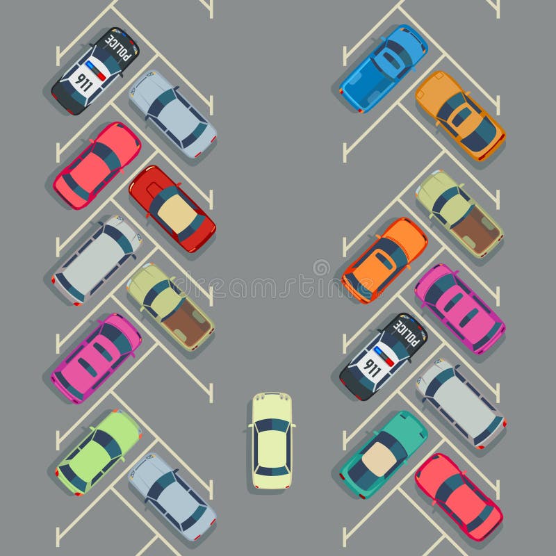 Parked cars on the parking top view, Vector urban transport concept.Auto parking and empty place for transport parking illustration. Parked cars on the parking top view, Vector urban transport concept.Auto parking and empty place for transport parking illustration
