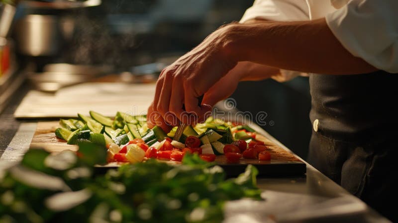 Los cocineros preparan verduras cortadas en una tabla de madera ilustración del vector