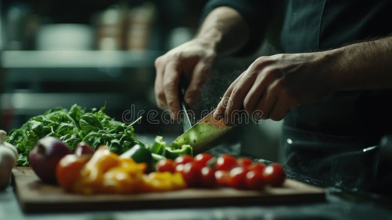 Los cocineros se encargan de la compra de verduras frescas en un tablero de madera en una cocina profesional ilustración del vector