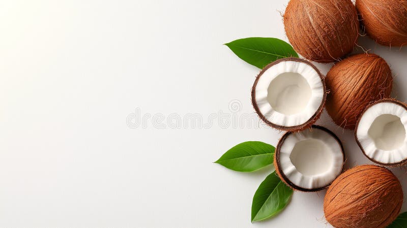 Los cocos frescos con y sin conchas rodeados de hojas verdes crean una escena tropical y vibrante libre illustration