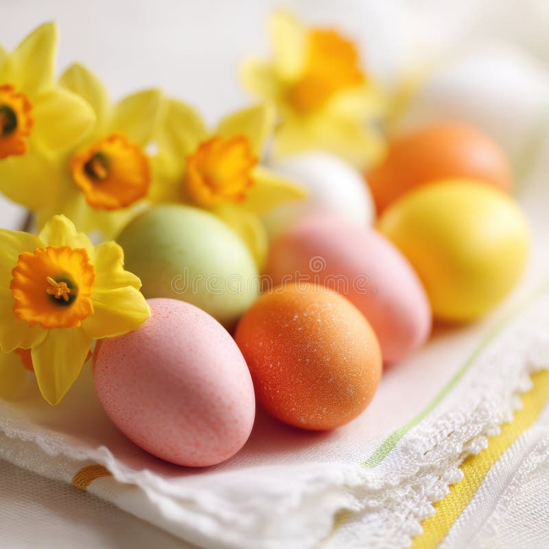 Los coloridos huevos de Pascua en una servilleta rodeados de florecientes daffodils crean una escena de primavera festiva.