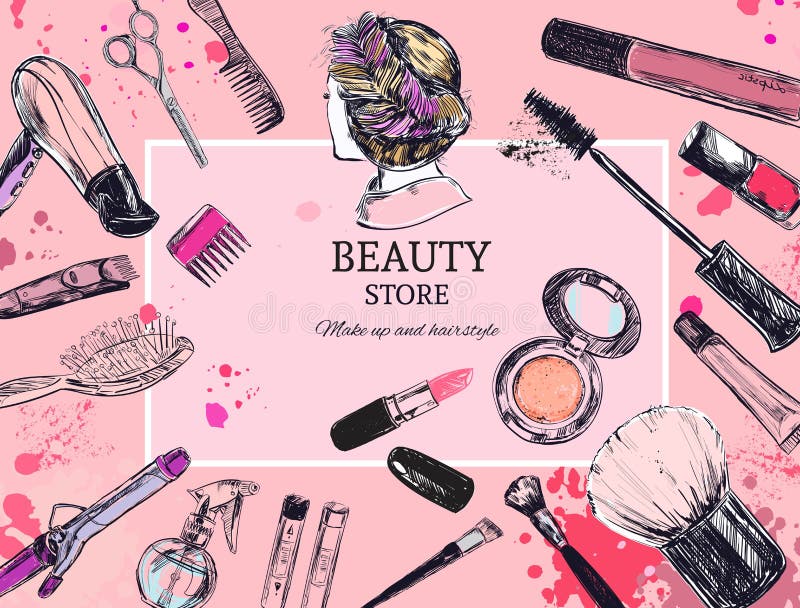 Los cosméticos y la belleza vector el fondo con componen objetos del artista y de la peluquería: lápiz labial, crema, cepillo Con libre illustration Los cosméticos y la belleza vector el fondo con componen objetos del artista y de la peluquería: lápiz labial, crema, cepillo Con libre illustration
