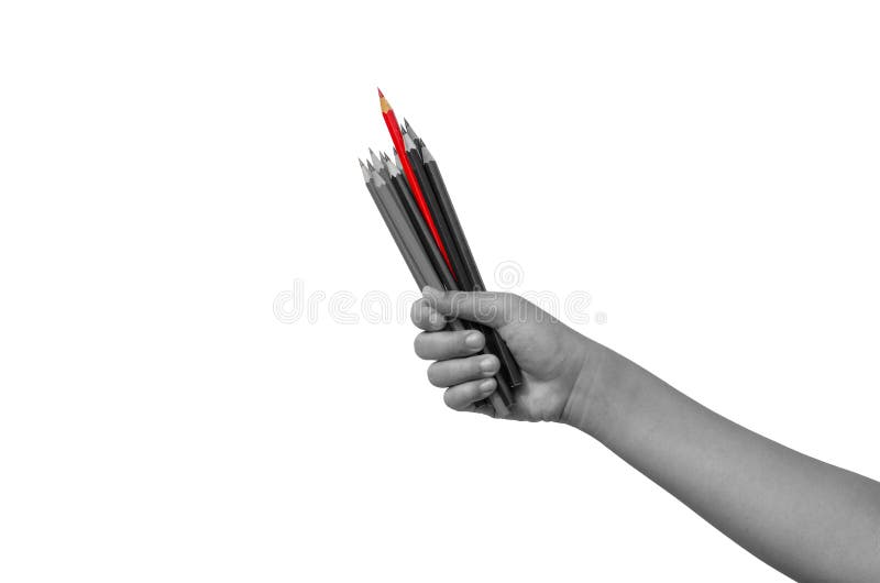 Los creyones en un puñado de niños las barras rojas son más prominentes que otros colores Muestra la diferencia foto de archivo Los creyones en un puñado de niños las barras rojas son más prominentes que otros colores Muestra la diferencia foto de archivo