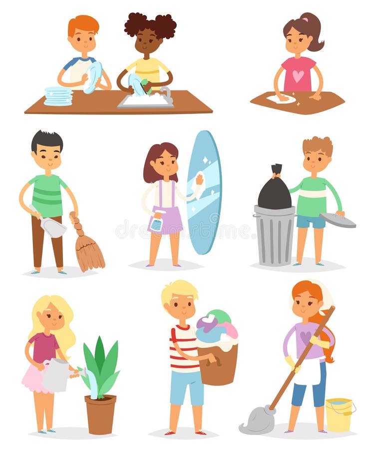 Los cuartos de limpieza del vector de los niños y la ayuda de sus personajes de dibujos animados del quehacer doméstico de las mo ilustración del vector Los cuartos de limpieza del vector de los niños y la ayuda de sus personajes de dibujos animados del quehacer doméstico de las mo ilustración del vector