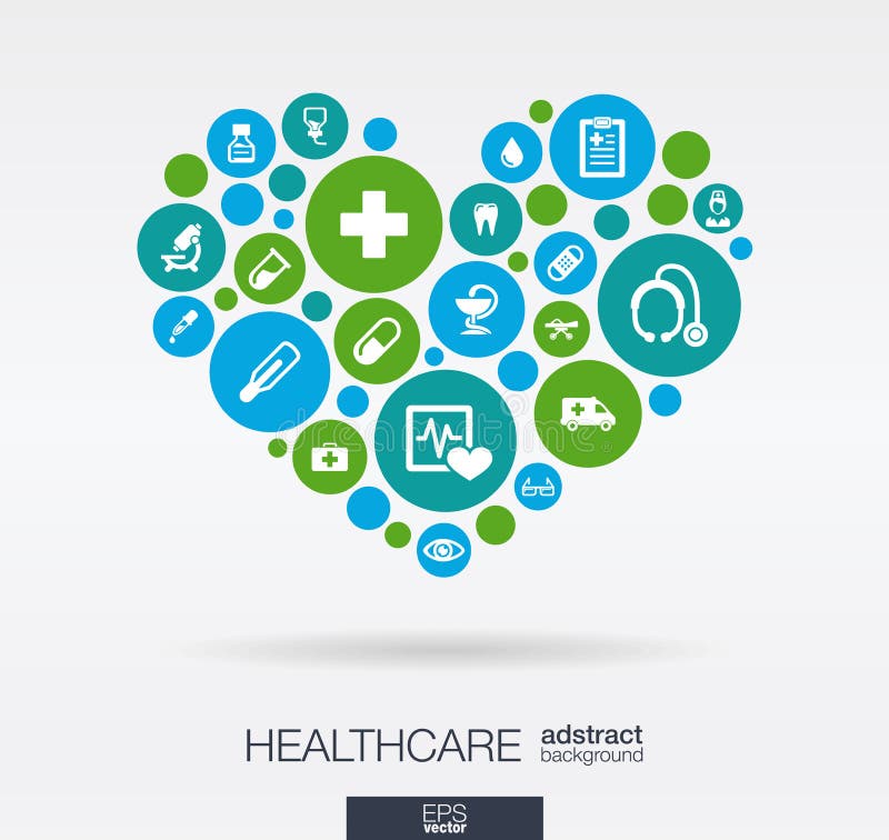 Los círculos de color con los iconos planos en un corazón forman: medicina, médica, salud, cruz, conceptos de la atención sanitar