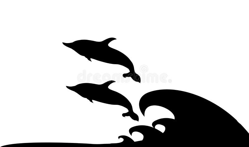 Vector black silhouette illustration of dolphins pair playing and jumping on ocean waves icon isolated on white background. Vector black silhouette illustration of dolphins pair playing and jumping on ocean waves icon isolated on white background.