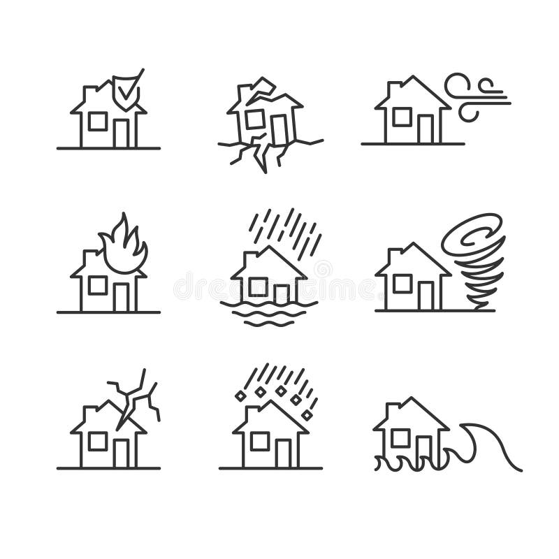 Los desastres naturales alinean símbolos del estilo Accidentes con los iconos de la casa fijados ilustración del vector Los desastres naturales alinean símbolos del estilo Accidentes con los iconos de la casa fijados ilustración del vector