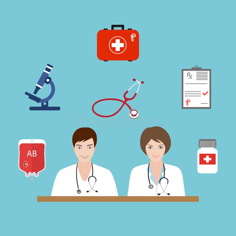 Los doctores son un hombre y una mujer Fondo de la atención sanitaria plana y de la investigación médica Concepto de sistema sani ilustración del vector Los doctores son un hombre y una mujer Fondo de la atención sanitaria plana y de la investigación médica Concepto de sistema sani ilustración del vector