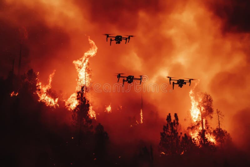 Los drones ayudan a combatir los incendios forestales durante las operaciones nocturnas en una zona accidentada. Drones navegan a través de las llamas y el humo para apoyar los esfuerzos de lucha contra incendios en un paisaje forestal de noche.