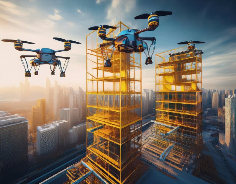Los drones innovadores ayudan a la construcción moderna imagenes de archivo