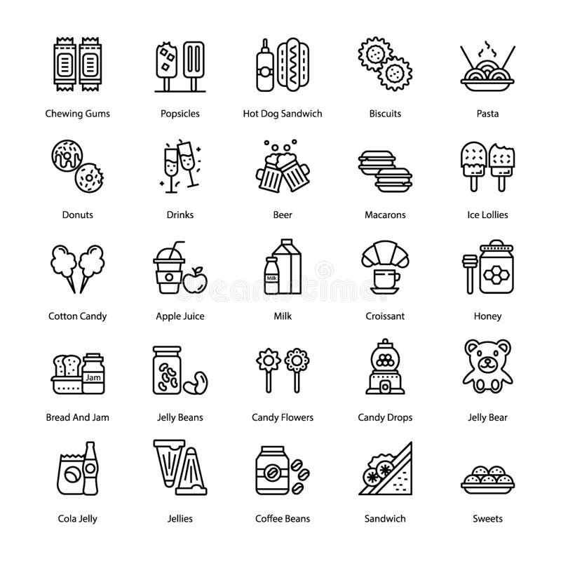 Los dulces y los postres alinean el sistema de los iconos ilustración del vector Los dulces y los postres alinean el sistema de los iconos ilustración del vector
