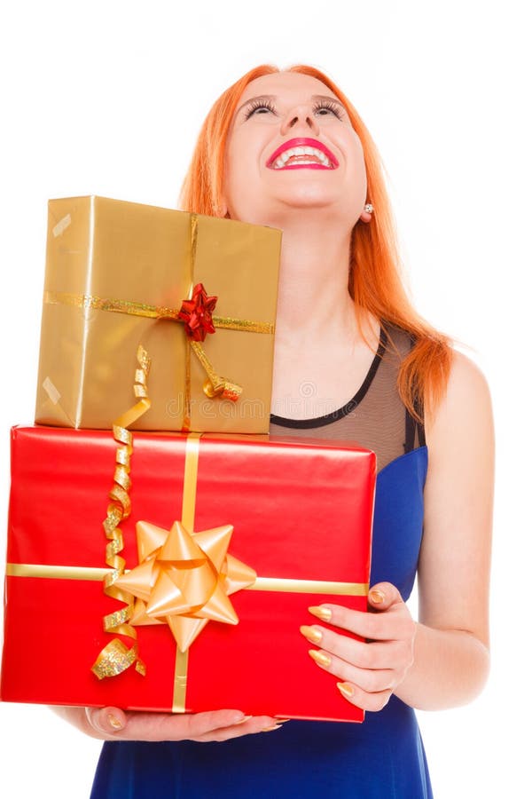 Los días de fiesta aman el concepto de la felicidad - muchacha con las cajas de regalo fotografía de archivo Los días de fiesta aman el concepto de la felicidad - muchacha con las cajas de regalo fotografía de archivo