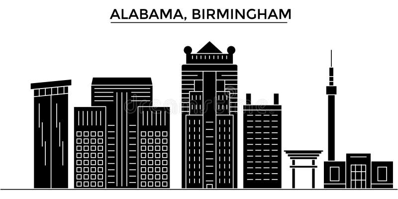 Los E.E.U.U., Alabama El horizonte de la ciudad del vector de la arquitectura de Birmingham, paisaje urbano del viaje con las señ stock de ilustración Los E.E.U.U., Alabama El horizonte de la ciudad del vector de la arquitectura de Birmingham, paisaje urbano del viaje con las señ stock de ilustración