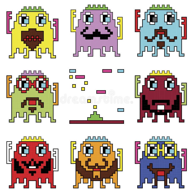 Los emoticons del robot del inconformista de Pixelated con simple con el elemento de la nave espacial del tiroteo inspiraron por libre illustration Los emoticons del robot del inconformista de Pixelated con simple con el elemento de la nave espacial del tiroteo inspiraron por libre illustration