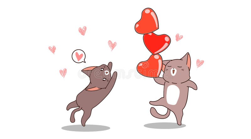 Los gatos kawaii están jugando 3 corazones ilustración del vector
