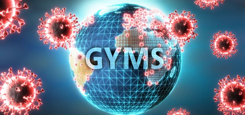 Gyms and covid virus, symbolized by viruses and word Gyms to symbolize that corona virus have gobal negative impact on  Gyms or can cause it, 3d illustration. Gyms and covid virus, symbolized by viruses and word Gyms to symbolize that corona virus have gobal negative impact on  Gyms or can cause it, 3d illustration.