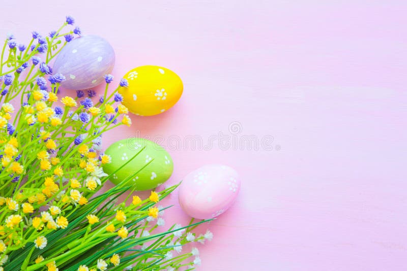 Los huevos de Pascua en color en colores pastel con las flores en de madera palidecen - el fondo rosado Visión superior fotografía de archivo Los huevos de Pascua en color en colores pastel con las flores en de madera palidecen - el fondo rosado Visión superior fotografía de archivo