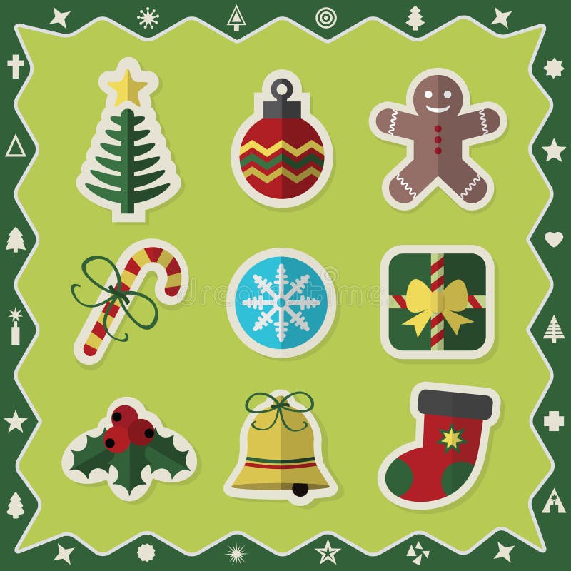Los iconos coloridos planos de las etiquetas engomadas de la Navidad fijaron en fondo verde ilustración del vector Los iconos coloridos planos de las etiquetas engomadas de la Navidad fijaron en fondo verde ilustración del vector