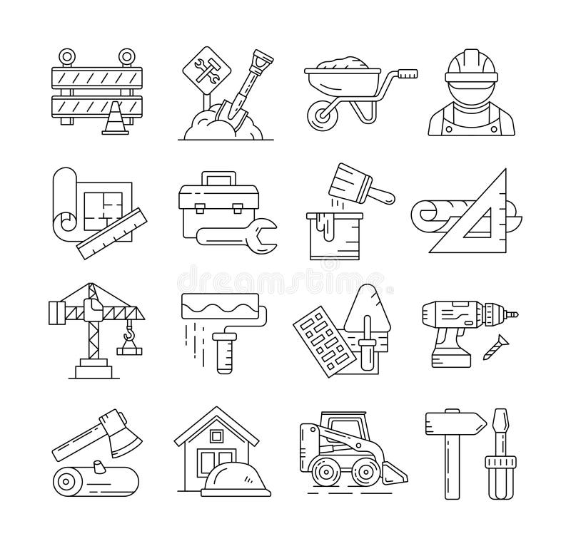 Los iconos de la construcción o la línea fina constructiva firma vector ilustración del vector Los iconos de la construcción o la línea fina constructiva firma vector ilustración del vector