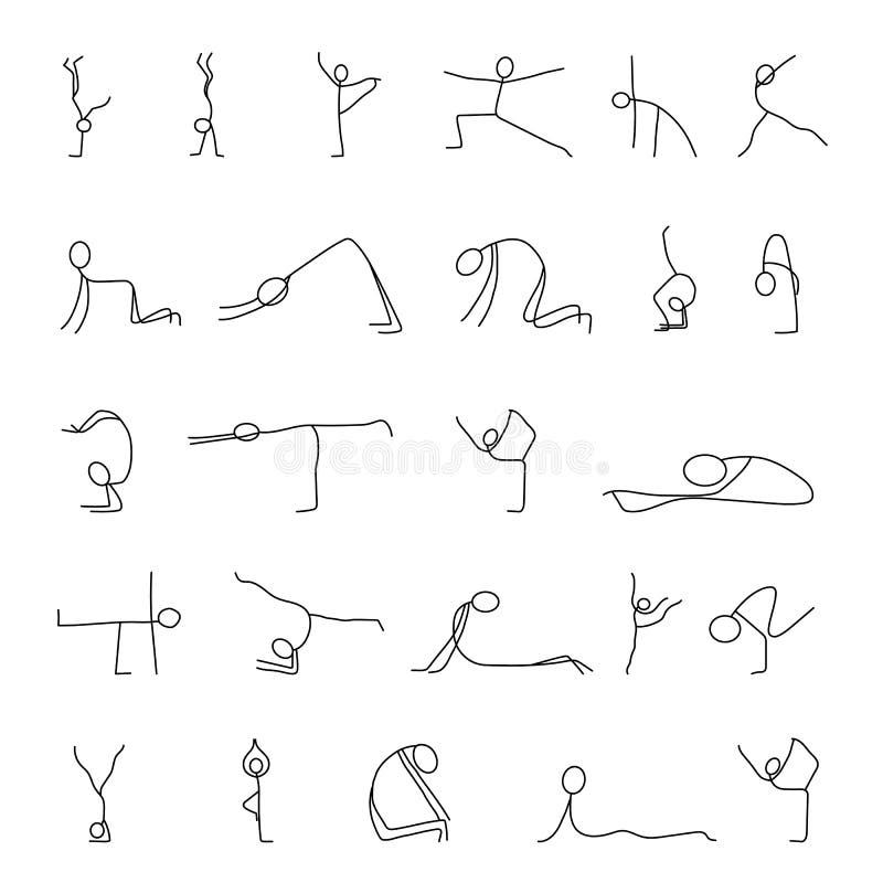 Los iconos de la historieta fijaron de las figuras del palillo de la pequeña gente del bosquejo que hacían yoga