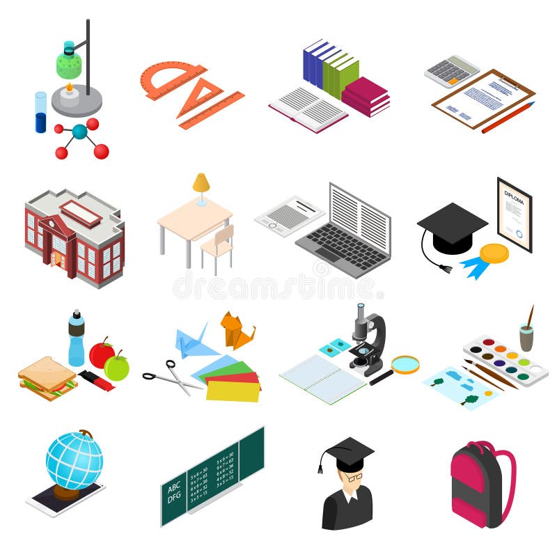 Los iconos del color de la escuela de la educación fijaron la visión isométrica Vector ilustración del vector Los iconos del color de la escuela de la educación fijaron la visión isométrica Vector ilustración del vector