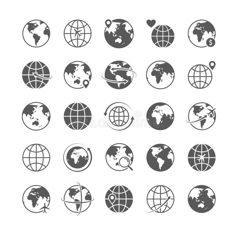 Los iconos del globo fijaron la línea global vector del márketing del comercio de Internet de los iconos de la silueta del mapa d