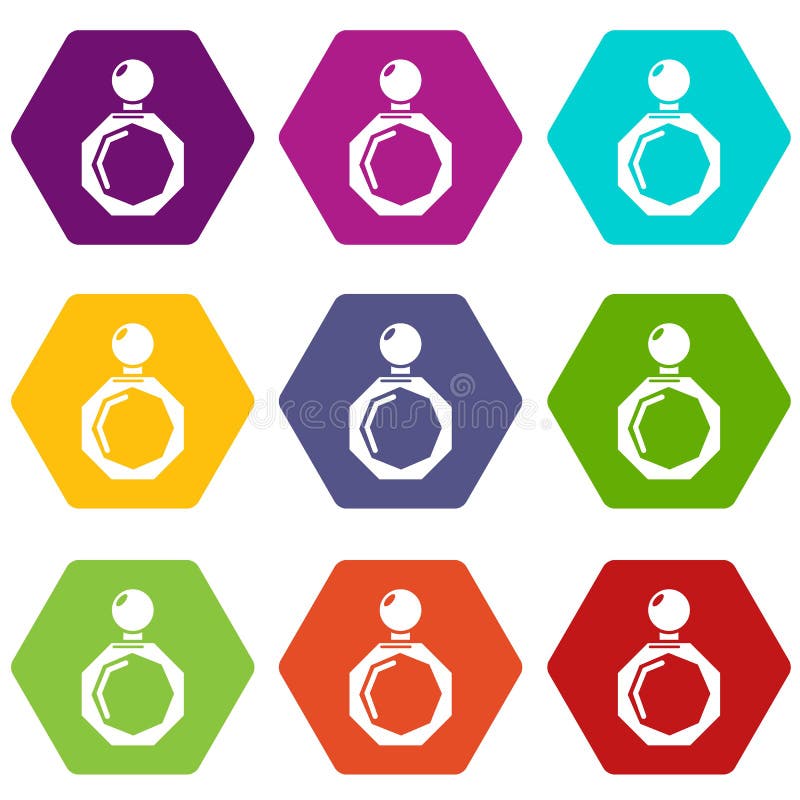 Los iconos del hexágono de la botella de perfume fijaron el vector 9. Iconos del hexágono de la botella de perfume 9 coloful determinados aislada en el blanco para el web