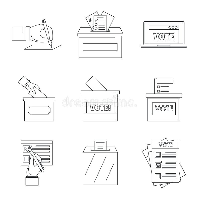 Los iconos del voto de la caja de la votación de votación fijan, resumen estilo stock de ilustración Los iconos del voto de la caja de la votación de votación fijan, resumen estilo stock de ilustración
