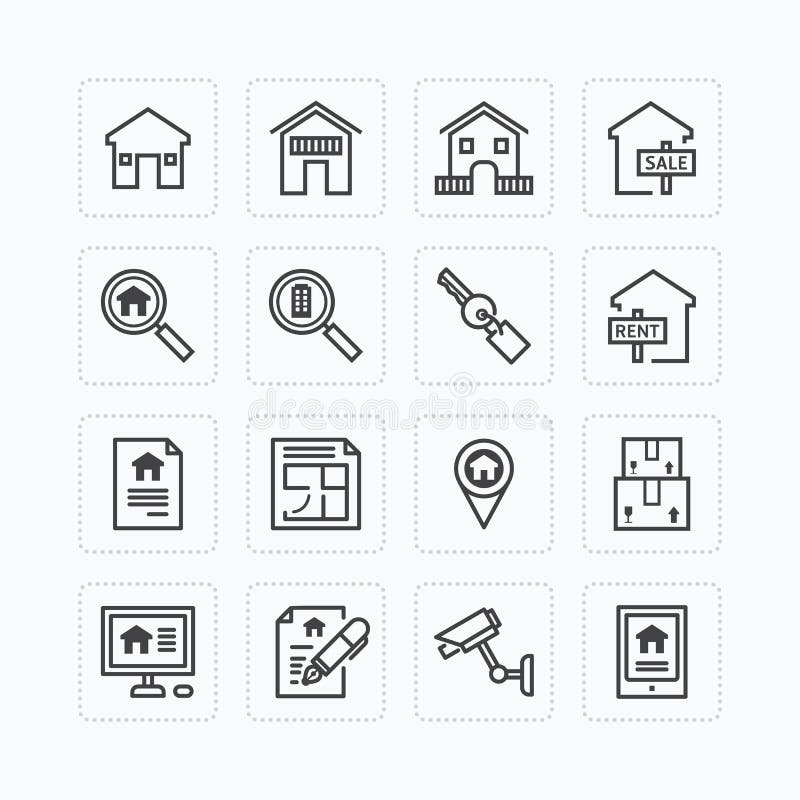 Los iconos planos del vector fijaron de concepto del esquema de la propiedad de las propiedades inmobiliarias libre illustration Los iconos planos del vector fijaron de concepto del esquema de la propiedad de las propiedades inmobiliarias libre illustration