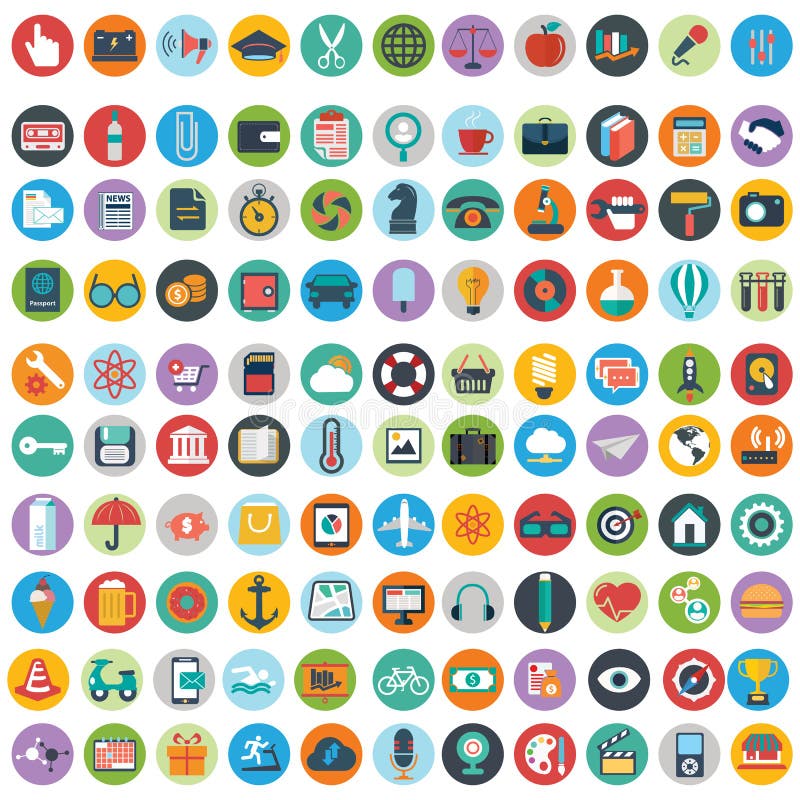 Los iconos planos diseñan el sistema grande del ejemplo moderno del vector de diversos artículos del servicio financiero, web y d stock de ilustración Los iconos planos diseñan el sistema grande del ejemplo moderno del vector de diversos artículos del servicio financiero, web y d stock de ilustración