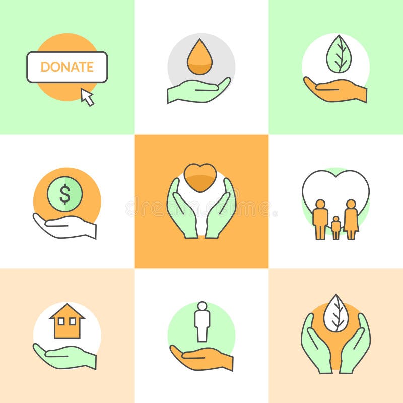 Los iconos planos fijaron con la línea plana iconos del tema de la caridad y de la donación del vector libre illustration Los iconos planos fijaron con la línea plana iconos del tema de la caridad y de la donación del vector libre illustration