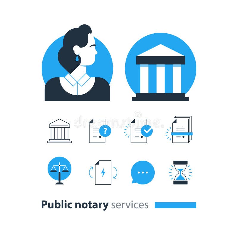 Los iconos públicos de los servicios del notario fijados, defensa del hombre del bufete de abogados consultan el documento certif