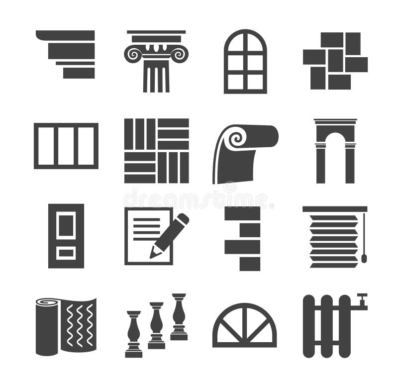 Flat monochrome icons with images of building and finishing materials. For websites and printing. Flat monochrome icons with images of building and finishing materials. For websites and printing.