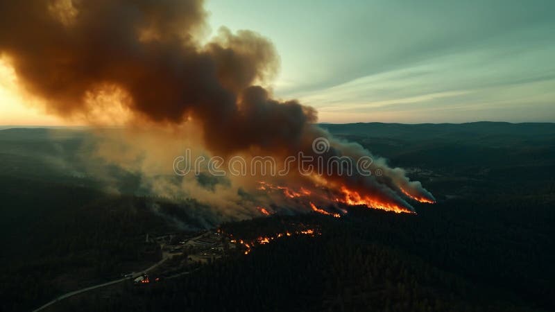 Los incendios forestales se propagan por los bosques al atardecer, símbolo del calentamiento global, desastre natural y crisis amb stock de ilustración