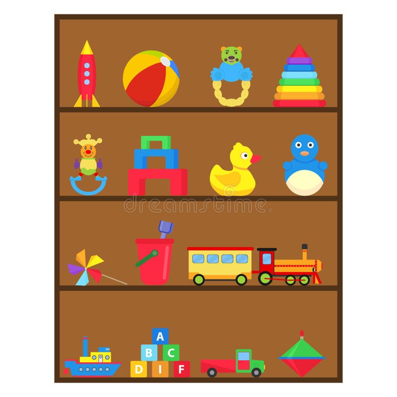 Los juguetes del ` s de los niños, un sistema del ` s de los niños juegan en el estante libre illustration Los juguetes del ` s de los niños, un sistema del ` s de los niños juegan en el estante libre illustration