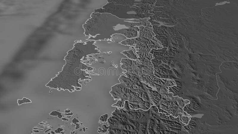 Los lagos chile outlined bilevel zoom in on region of oblique perspective elevation map with surface waters d rendering ilustração stock