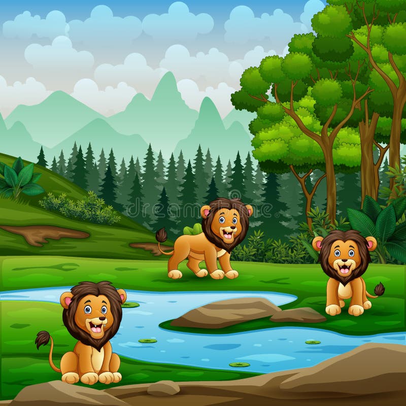 Los Leones De Dibujos Animados Juegan Junto Al Río Ilustración del Vector -  Ilustración de cielo, ambiente: 234940745