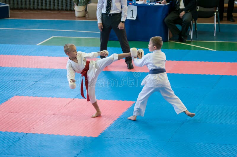 Los niños compiten en karate imagen de archivo Los niños compiten en karate imagen de archivo