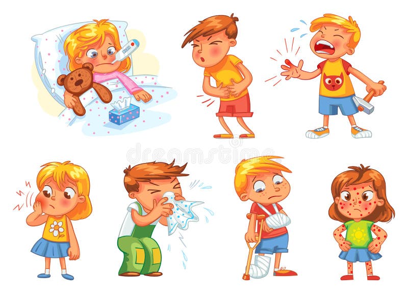 Children get sick. Child has high temperature. Boy hit with hammer on finger. Toothache. Boy`s stomach ache. Girl`s body rash. Broken limbs. Cold in head. Funny cartoon character. Vector illustration. Children get sick. Child has high temperature. Boy hit with hammer on finger. Toothache. Boy`s stomach ache. Girl`s body rash. Broken limbs. Cold in head. Funny cartoon character. Vector illustration