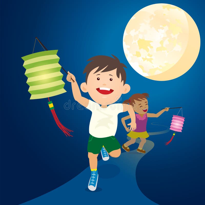 Los niños corrientes sostienen la linterna de papel debajo de la Luna Llena
