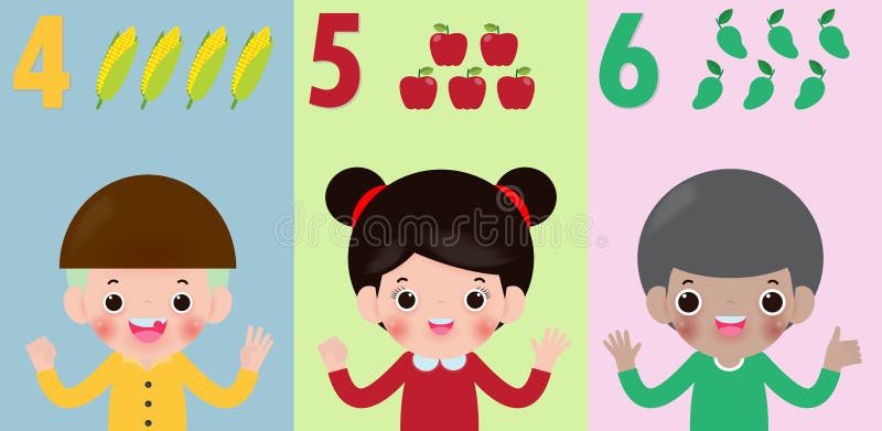 Los niños dan mostrar al número cuatro cinco seis, niños que muestran a números 4 5 6 por los fingeres Concepto de la educación, stock de ilustración Los niños dan mostrar al número cuatro cinco seis, niños que muestran a números 4 5 6 por los fingeres Concepto de la educación, stock de ilustración