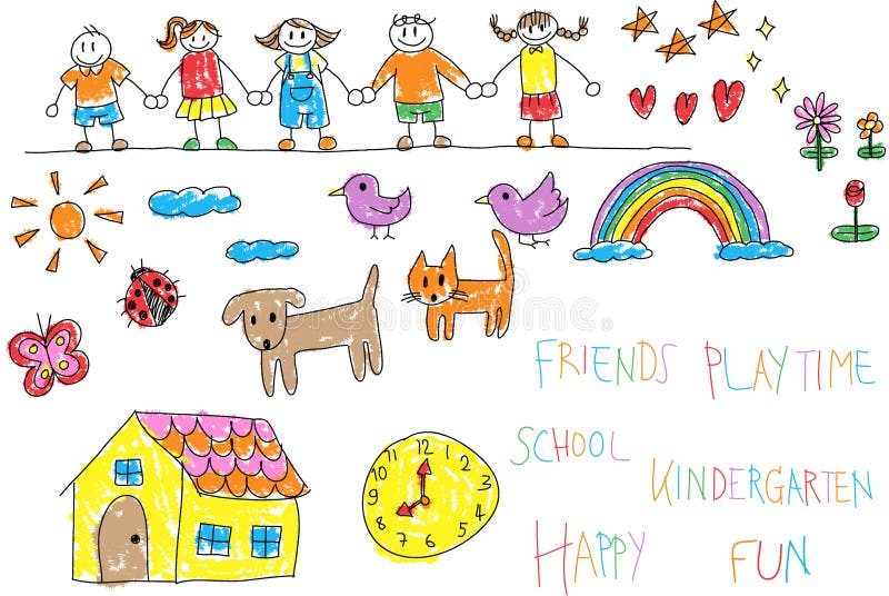 Kindergarten children doodle pencil and crayon color drawing of a friend and kid imagination playing environment such as animal cat dog pet house flower rainbow and star in happy cartoon character style in white background with colorful handwriting text, created by vector. Kindergarten children doodle pencil and crayon color drawing of a friend and kid imagination playing environment such as animal cat dog pet house flower rainbow and star in happy cartoon character style in white background with colorful handwriting text, created by vector