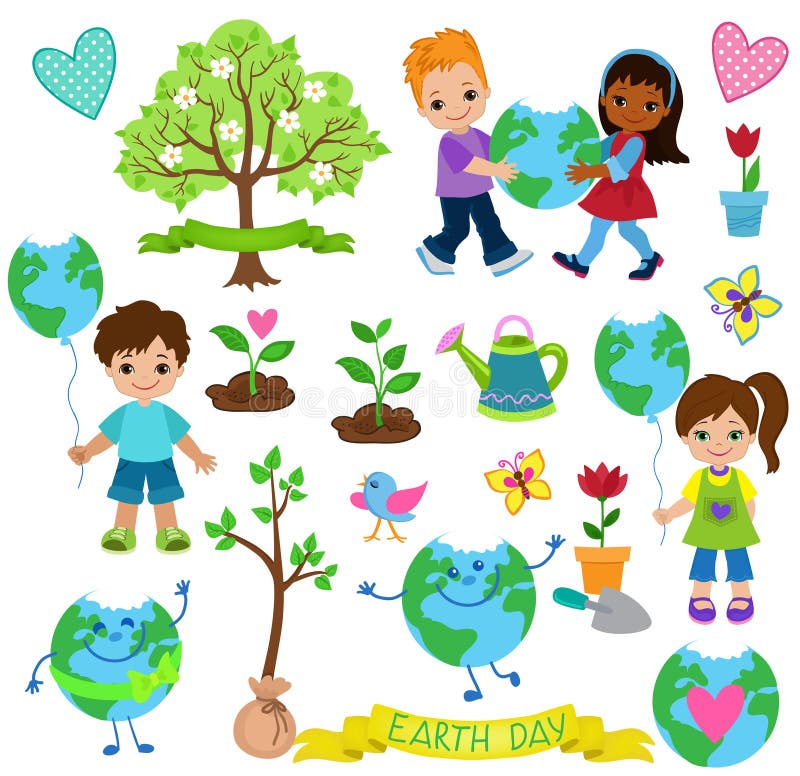 Los niños felices celebran Día de la Tierra Elementos de la ecología stock de ilustración Los niños felices celebran Día de la Tierra Elementos de la ecología stock de ilustración