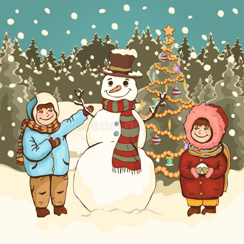 Los niños hacen el muñeco de nieve, dibujo colorido de la historieta, ejemplo del vector Muchacho y muchacha linda pintada, muñec ilustración del vector Los niños hacen el muñeco de nieve, dibujo colorido de la historieta, ejemplo del vector Muchacho y muchacha linda pintada, muñec ilustración del vector