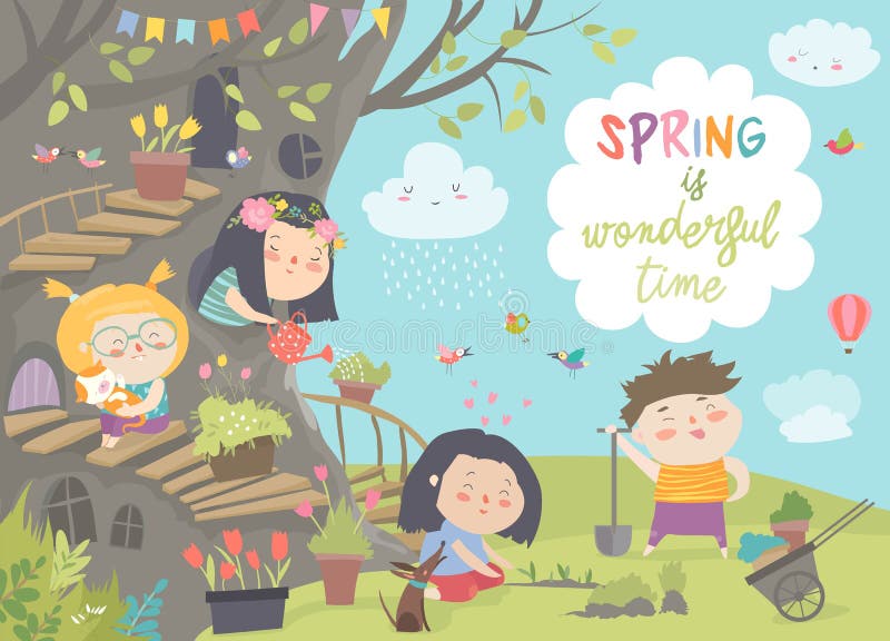 Los niños lindos de la historieta están cultivando un huerto en parque de la primavera libre illustration Los niños lindos de la historieta están cultivando un huerto en parque de la primavera libre illustration