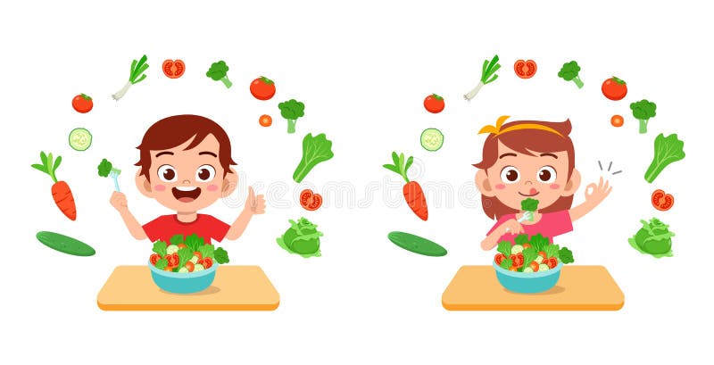 Los niños lindos y felices comen verduras de ensalada stock de ilustración